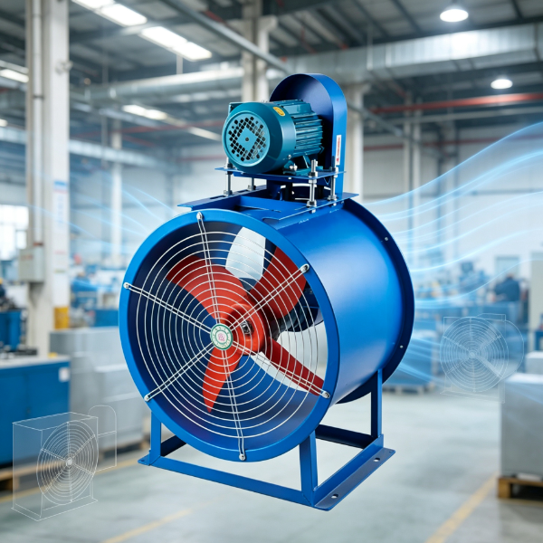 IndustrialAxialFanRealisticWorkshopVentilationSystemEquipment Blue industrial axial fan installed in realistic factory workshop for ventilation system airflow