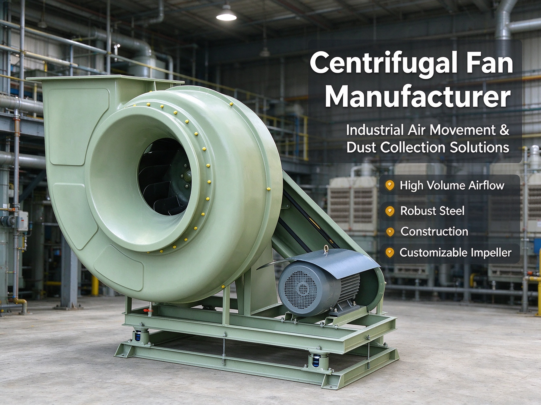 Robust steel centrifugal fan for efficient industrial air movement and dust collection.